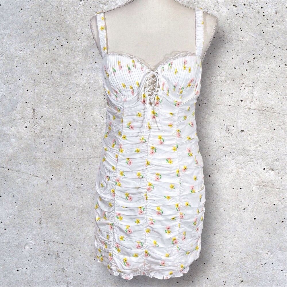 For Love & Lemons Coquette Mini Dress Celia Ruched Floral Embroidered Large NWT